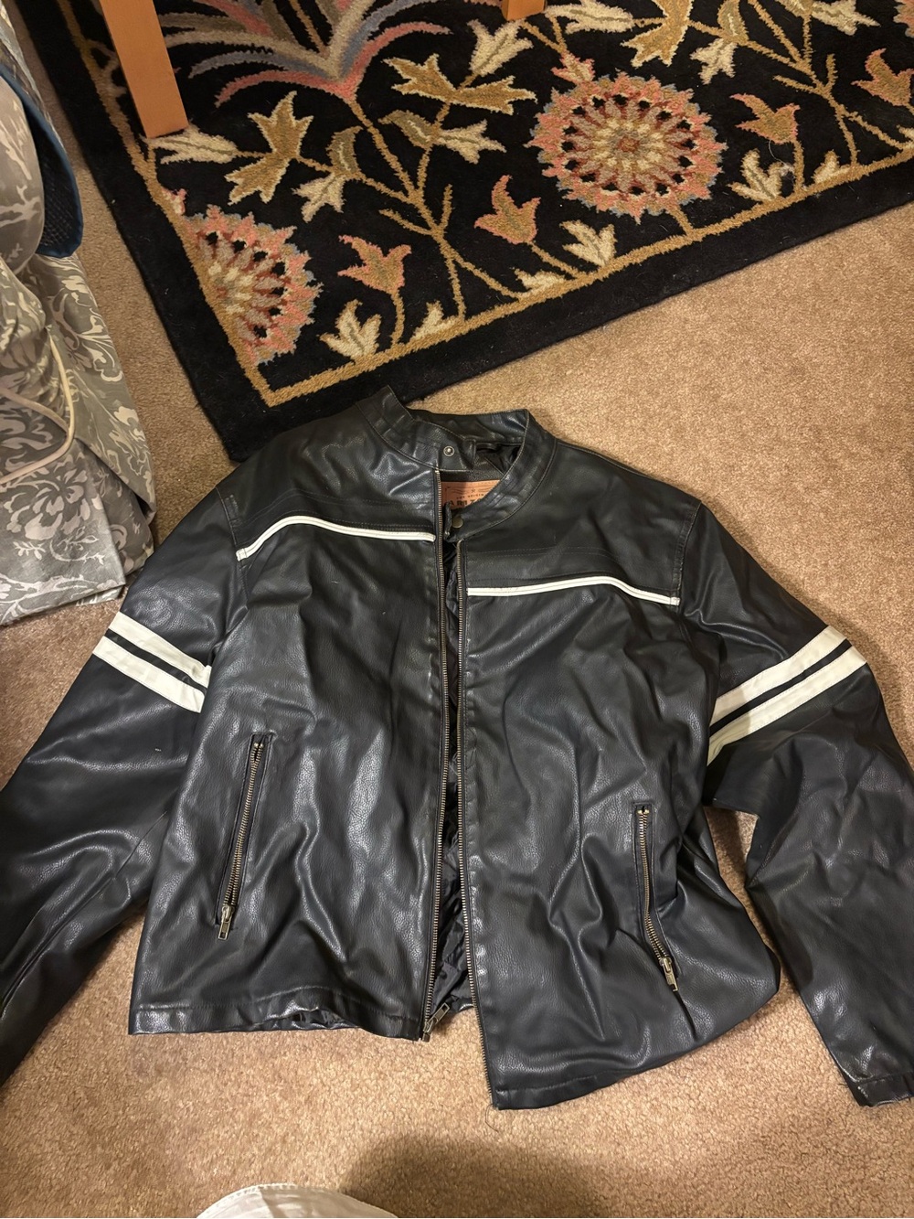 VTG Arizona Jean Co Cafe Racer Jacket Mens XL Black Stripe Vegan Leather Moto
